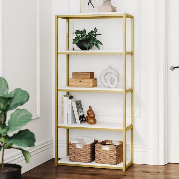 Nathan James Oscar 59 In. White/gold Brass Wood And Metal 5 Shelf Modern  Etagere Bookcase With Storage Shelves 61102 – The Home Depot Intended For Gold Bookcases (Photo 2 of 15)