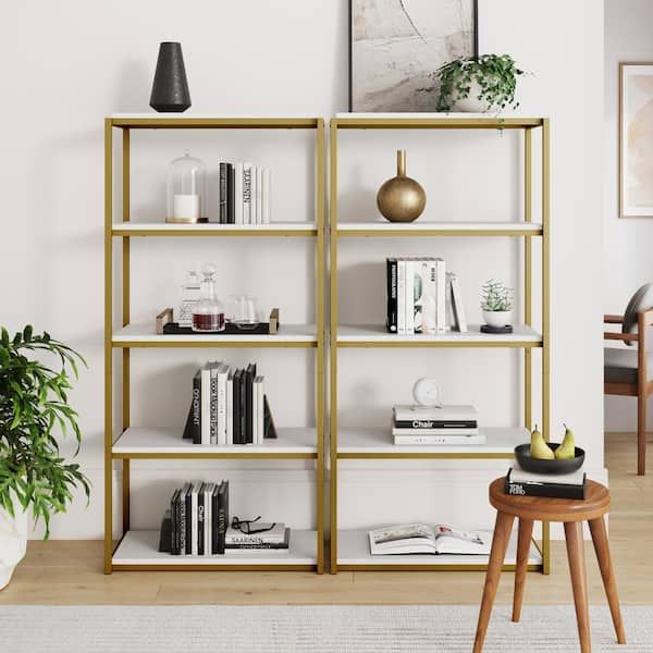 Nathan James Oscar 59 In. White/gold Brass Wood And Metal 5 Shelf Modern  Etagere Bookcase With Storage Shelves 61102 – The Home Depot Within Brass Bookcases (Photo 9 of 15)