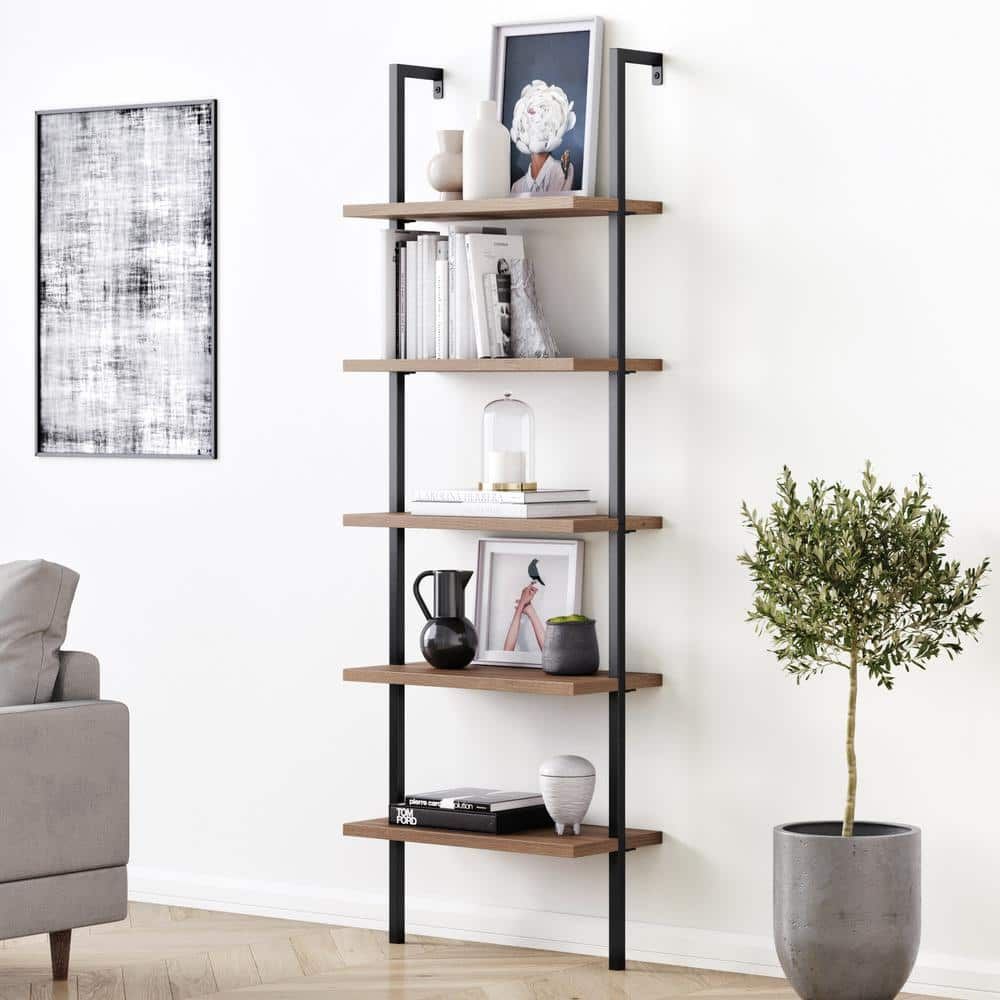Nathan James Theo 73 In. Matte Black Reclaimed Oak Wood 5 Shelf Ladder  Bookcase With Black Metal Frame 65507 – The Home Depot For Matte Black Bookcases (Photo 1 of 15)