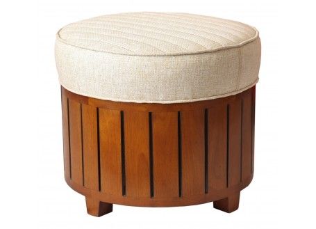 Nautical Inspired Round Pouffe Canoe In Beige Fabric And Wooden Frame With Bronze Round Ottomans (View 7 of 15)