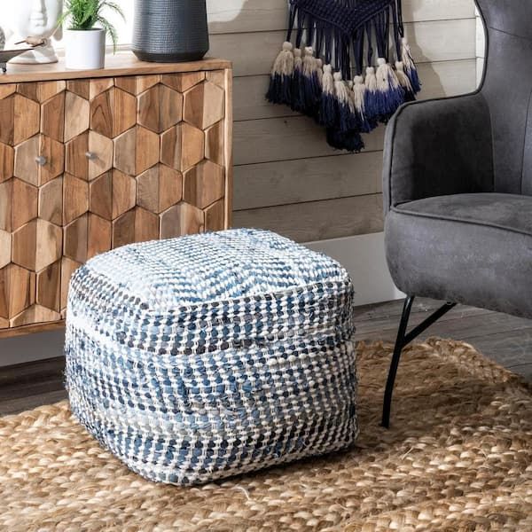 Nuloom Seville Handmade Denim Textured Filled Ottoman Blue Square Pouf  Frsvdn01a – The Home Depot Intended For Square Pouf Ottomans (View 13 of 15)
