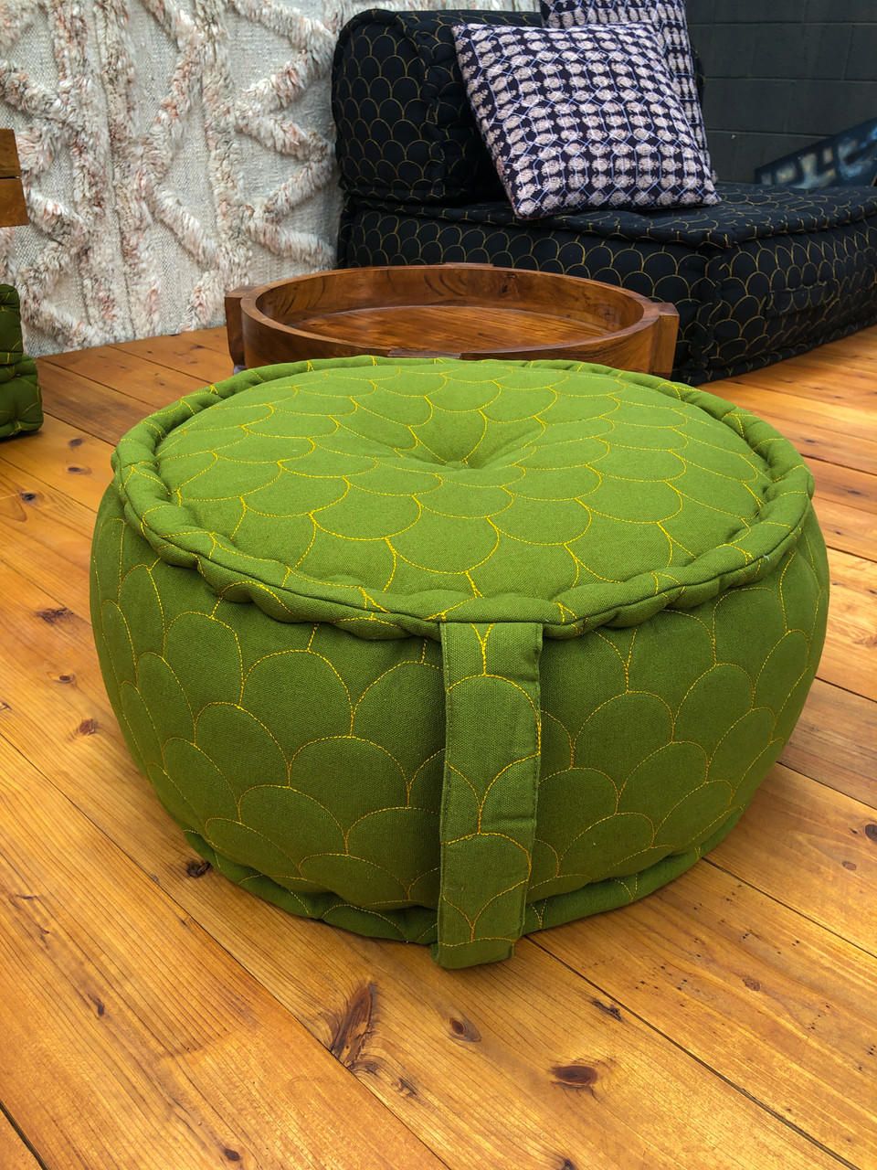 Ottoman Round Boho Chic Canvas Floor Cushion Pillow Pouf In Moss Green –  Indie Ella Lifestyle For Ottomans With Cushion (View 2 of 15)