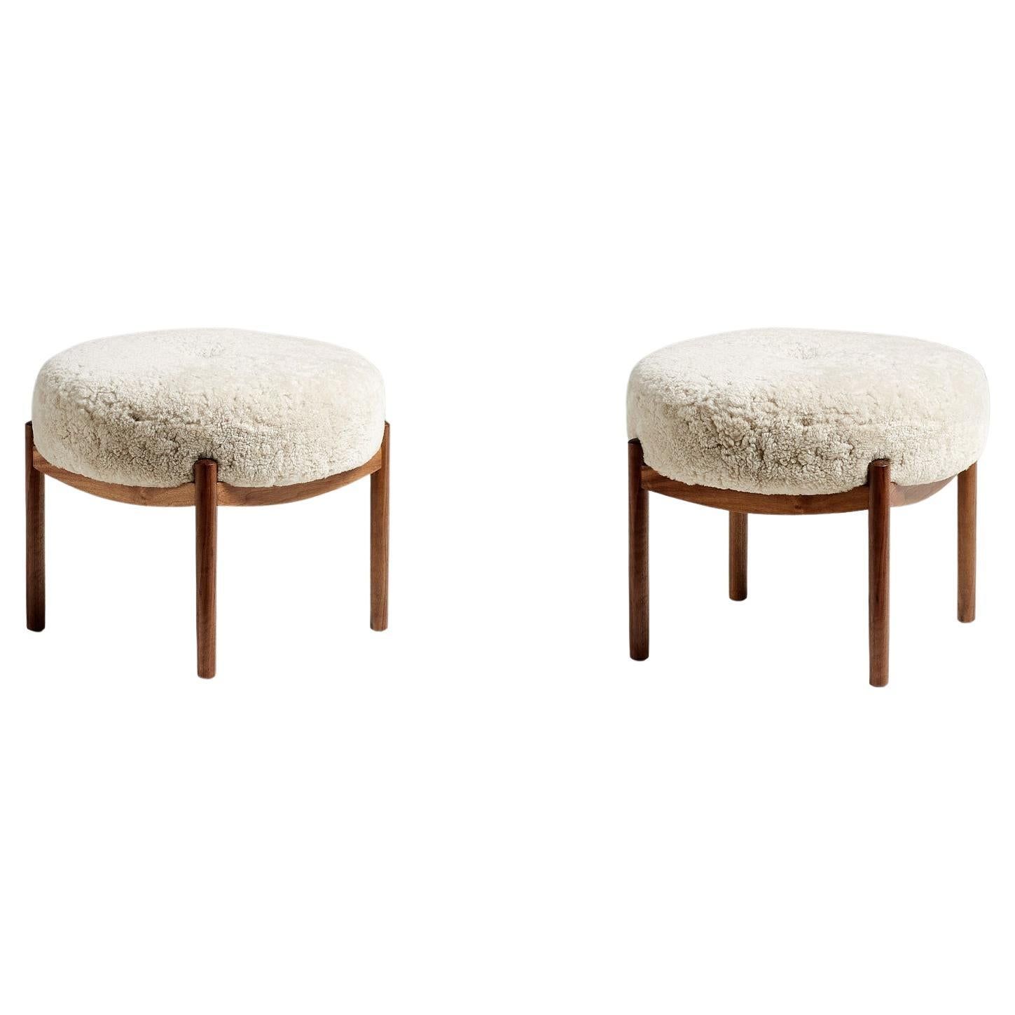 Pair Of Custom Made Walnut And Sheepskin Ottomans For Sale At 1stdibs For Walnut Round Ottomans (View 8 of 15)