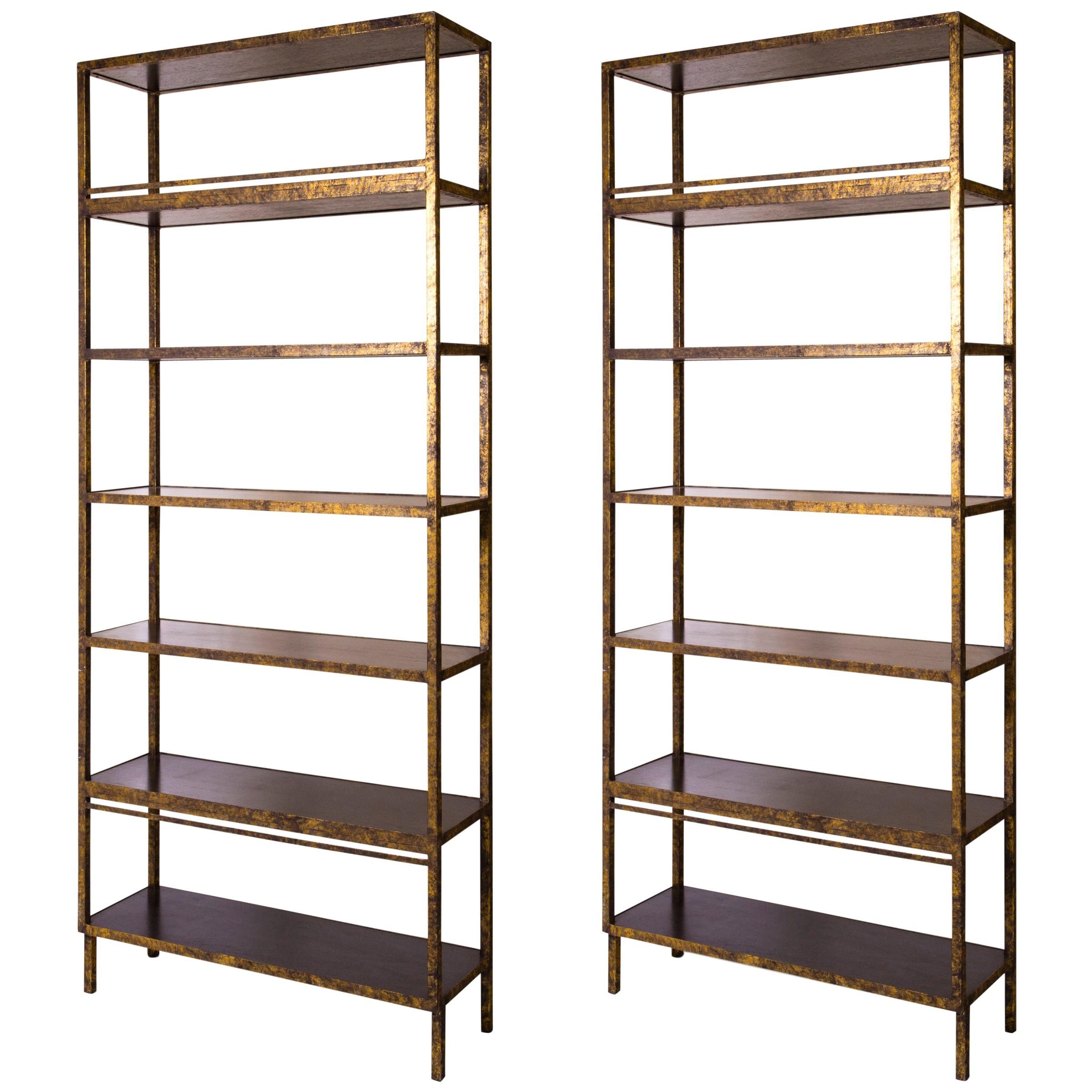 Pair Of Very Tall Hand Painted Faux Antique Brass Bookcases With Walnut  Shelves At 1stdibs For Brass Bookcases (Photo 11 of 15)