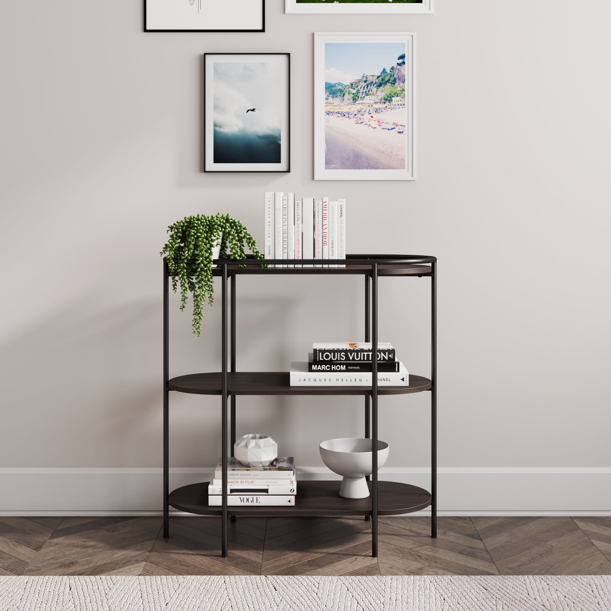 Paloma 3 Shelf Bookcase, Small Modern Oval Bookshelf, Dark Oak/matte Black  – Walmart Within Matte Black Bookcases (Photo 10 of 15)