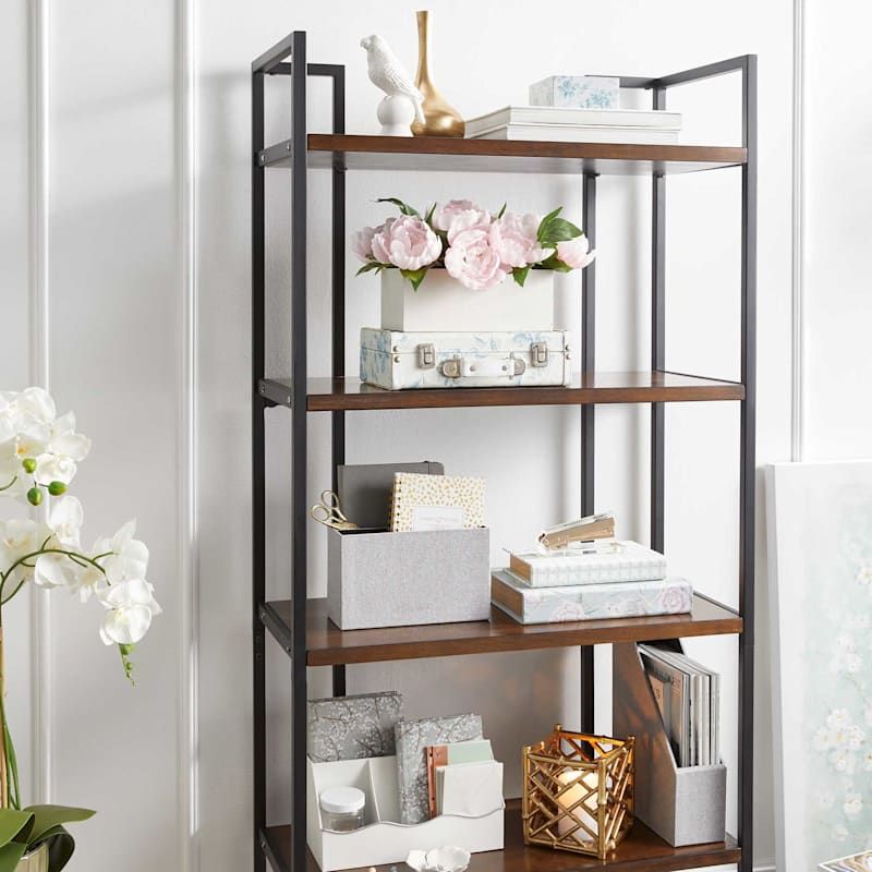 Parkview 5 Tier Metal & Wood Veneer Bookshelf | At Home Throughout Five Tier Bookcases (Photo 15 of 15)