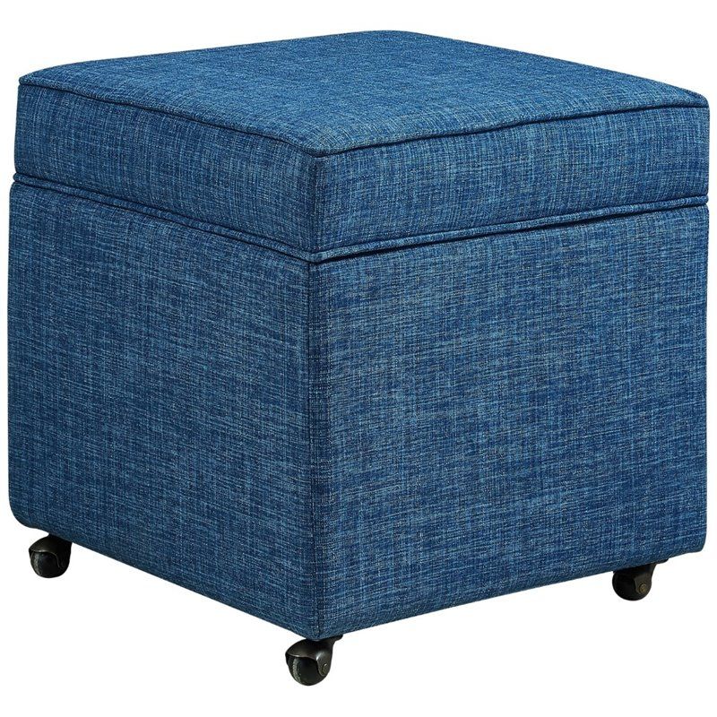 Posh Living Ruby Tufted Linen Fabric Cube Storage Ottoman With Casters In  Blue | Bushfurniturecollection With Solid Linen Cube Ottomans (View 2 of 15)