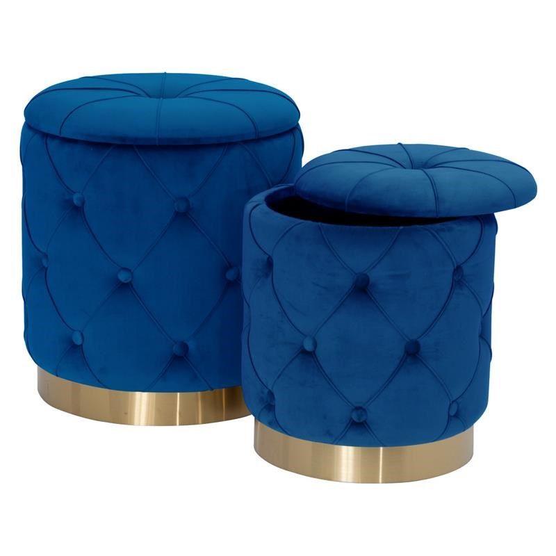 Quilted Navy Blue Velvet Storage Ottoman With Gold Chrome Base (set Of 2) |  Homesquare In Gold Storage Ottomans (View 8 of 15)
