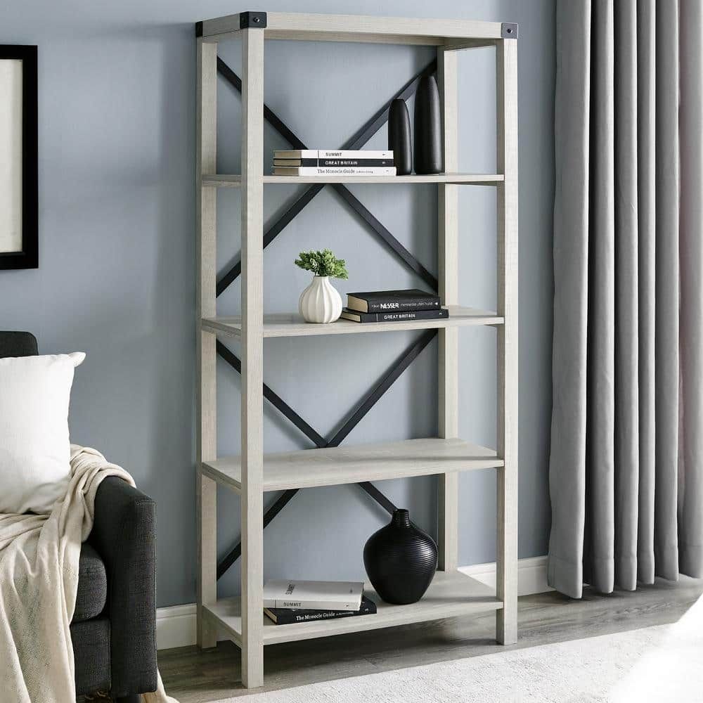 Reviews For Walker Edison Furniture Company 64 In. Stone Grey Wood  Farmhouse Metal X 4 Shelf Bookcase | Pg 4 – The Home Depot Regarding Gray Metal Stone Bookcases (Photo 5 of 15)