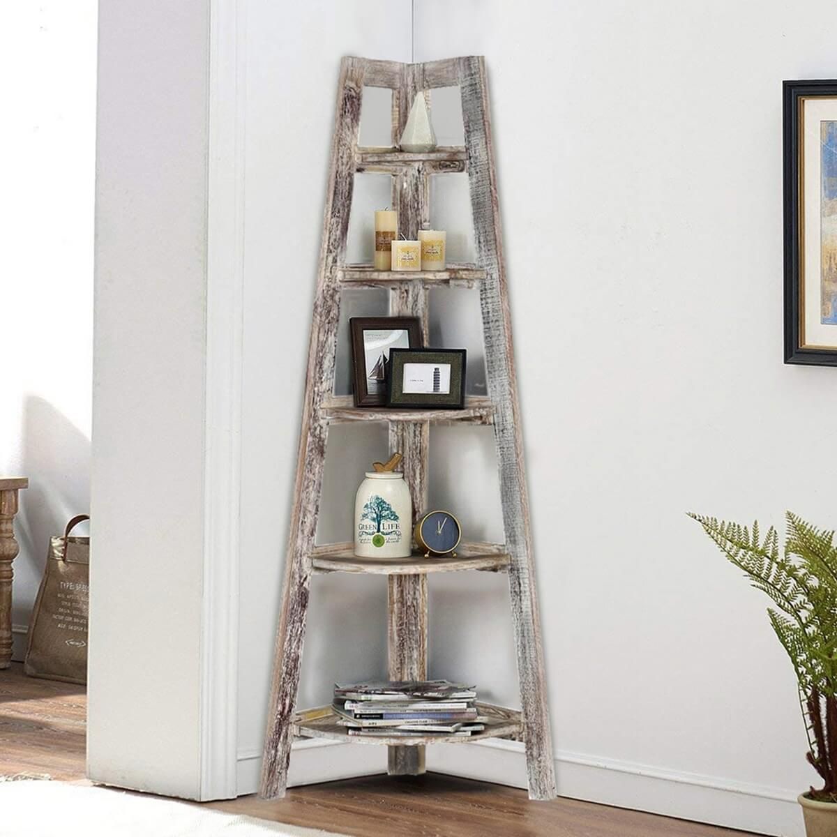 Riverton 5 Open Shelf Solid Wood Ladder Corner Bookcase Intended For Corner Ladder Bookcases (Photo 14 of 15)