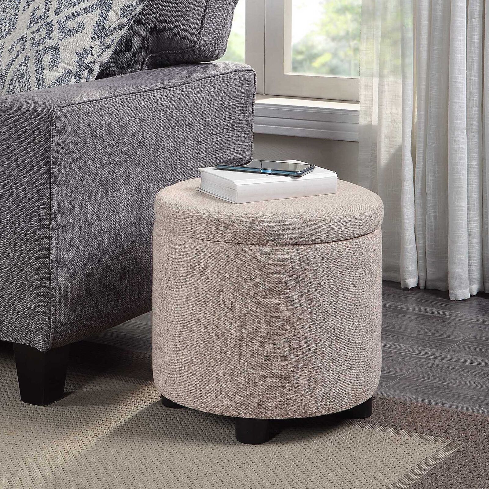 Round Accent Storage Ottoman With Reversible Tray Lid, Tan Fabric | Ebay Inside Ottomans With Stool And Reversible Tray (View 12 of 15)