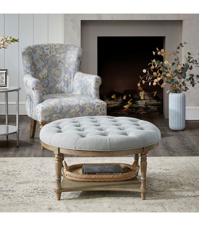 Round Grey Fabric Tufted Coffee Table Ottoman With Bottom Shelf Within Fabric Upholstered Ottomans (View 15 of 15)