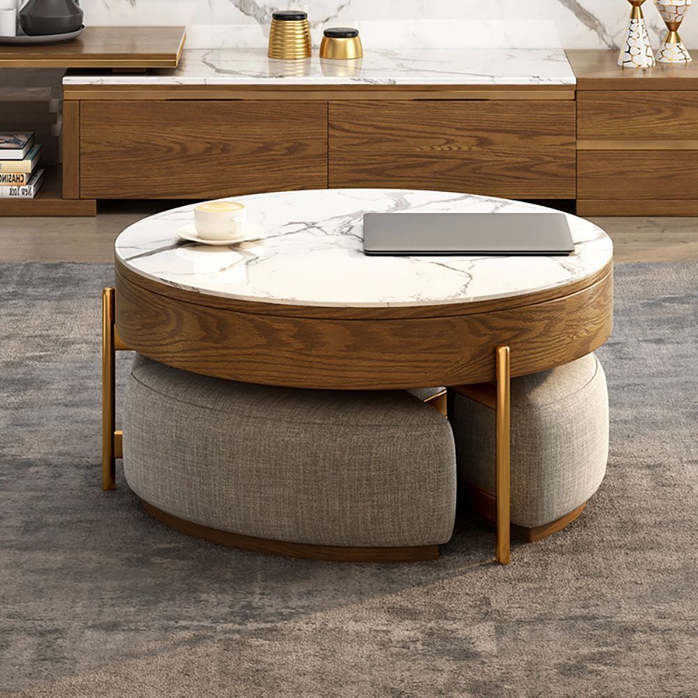 Round Lift Top Coffee Table With Storage & 3 Ottoman  White&natural/white&black | Round Coffee Table Modern, Stone Coffee Table,  Coffee Table For Walnut Round Ottomans (View 11 of 15)