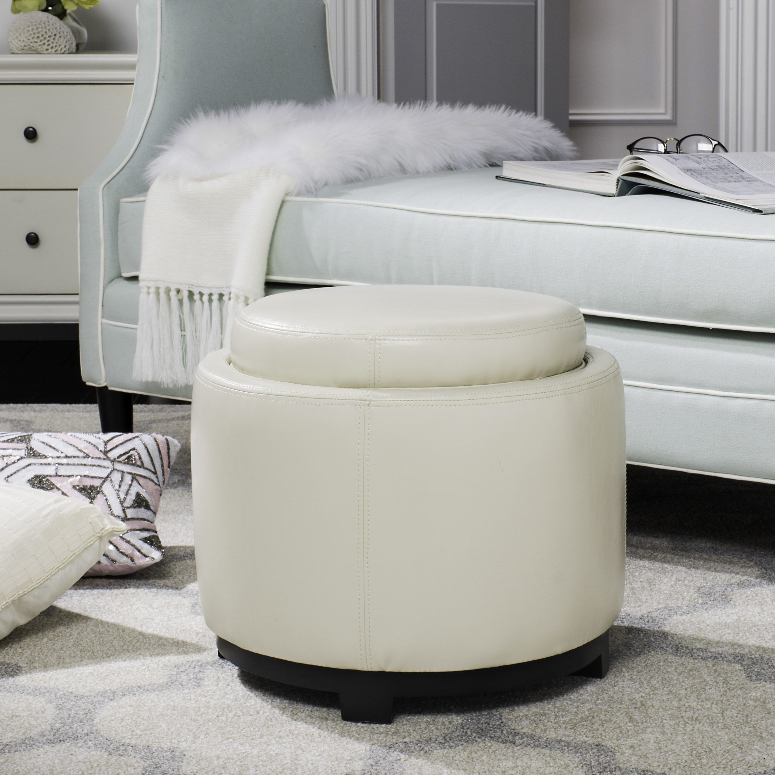 Safavieh Round Upholstered Storage Ottoman, Off White – Walmart Intended For Off White Ottomans (View 12 of 15)