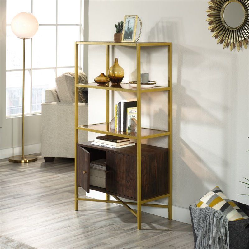 Sauder Harper Heights 3 Glass Shelf Bookcase In Rich Walnut And Gold |  Bushfurniturecollection Within Gold Glass Bookcases (View 13 of 15)