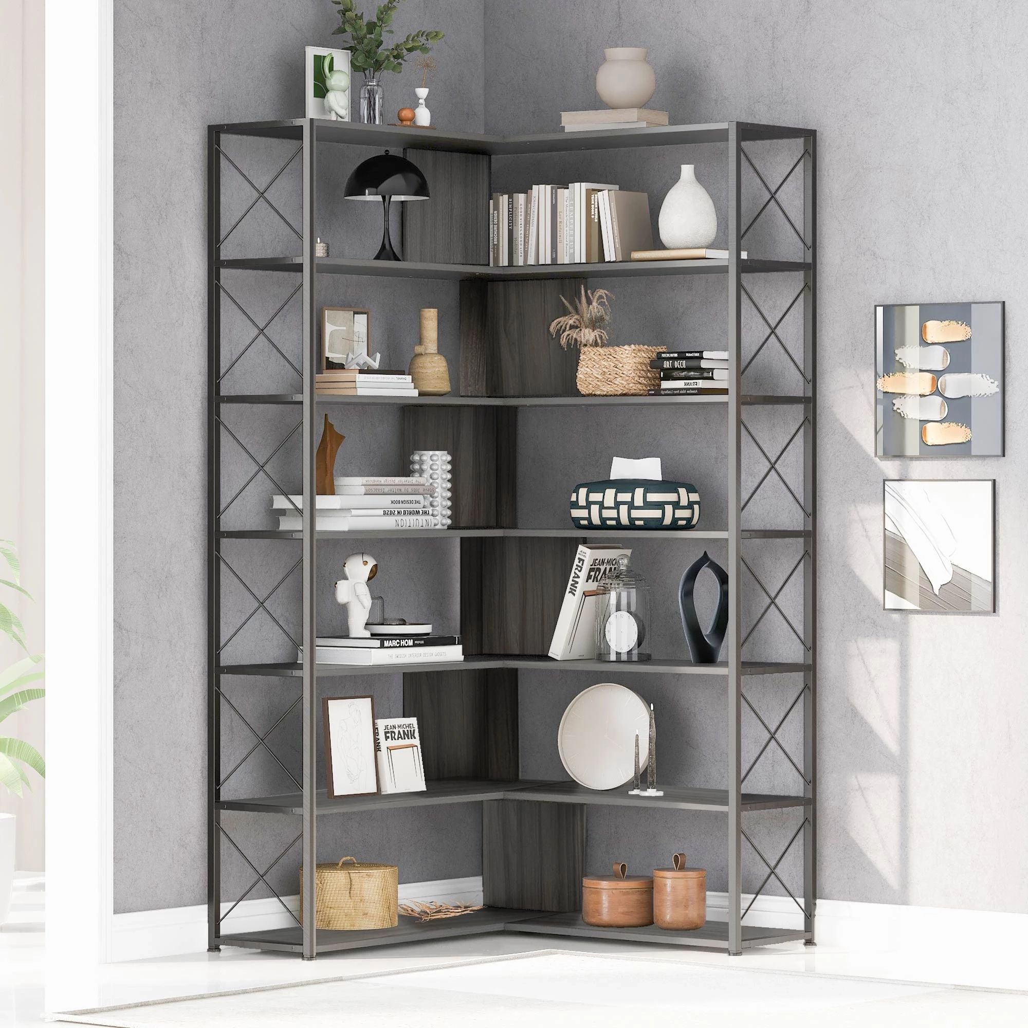 Silver+grey 7 Tier Bookcase Home Bookshelf, L Shaped Corner Bookcase With  Metal Frame, Open Storage, Mdf, 37.4''x 37.4''x (View 14 of 15)