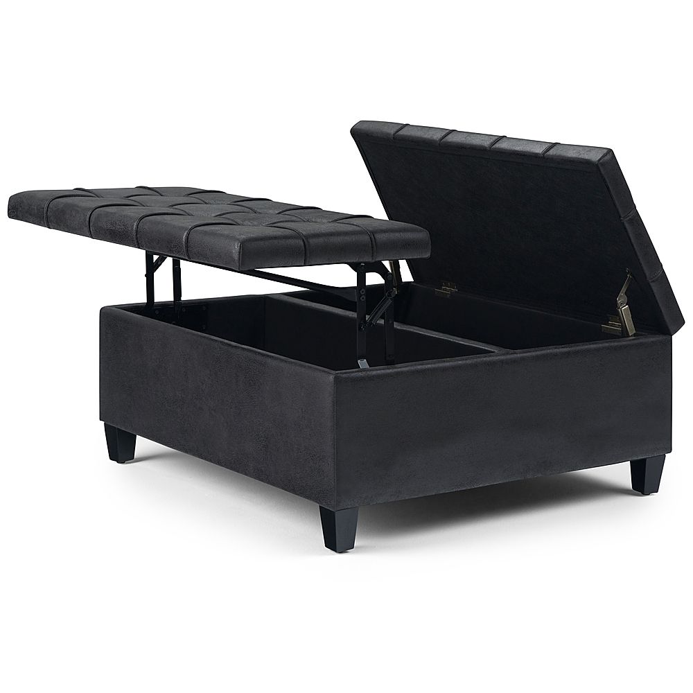 Simpli Home Harrison 36 Inch Wide Transitional Square Coffee Table Storage  Ottoman In Faux Leather Distressed Black Axcot 265 Dbl – Best Buy Inside Black Ottomans (View 14 of 15)