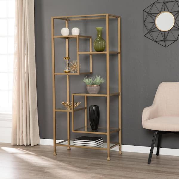 Southern Enterprises 68 In. Gold Metal 7 Shelf Etagere Bookcase With Open  Back Hd599311 – The Home Depot Intended For Gold Bookcases (Photo 11 of 15)