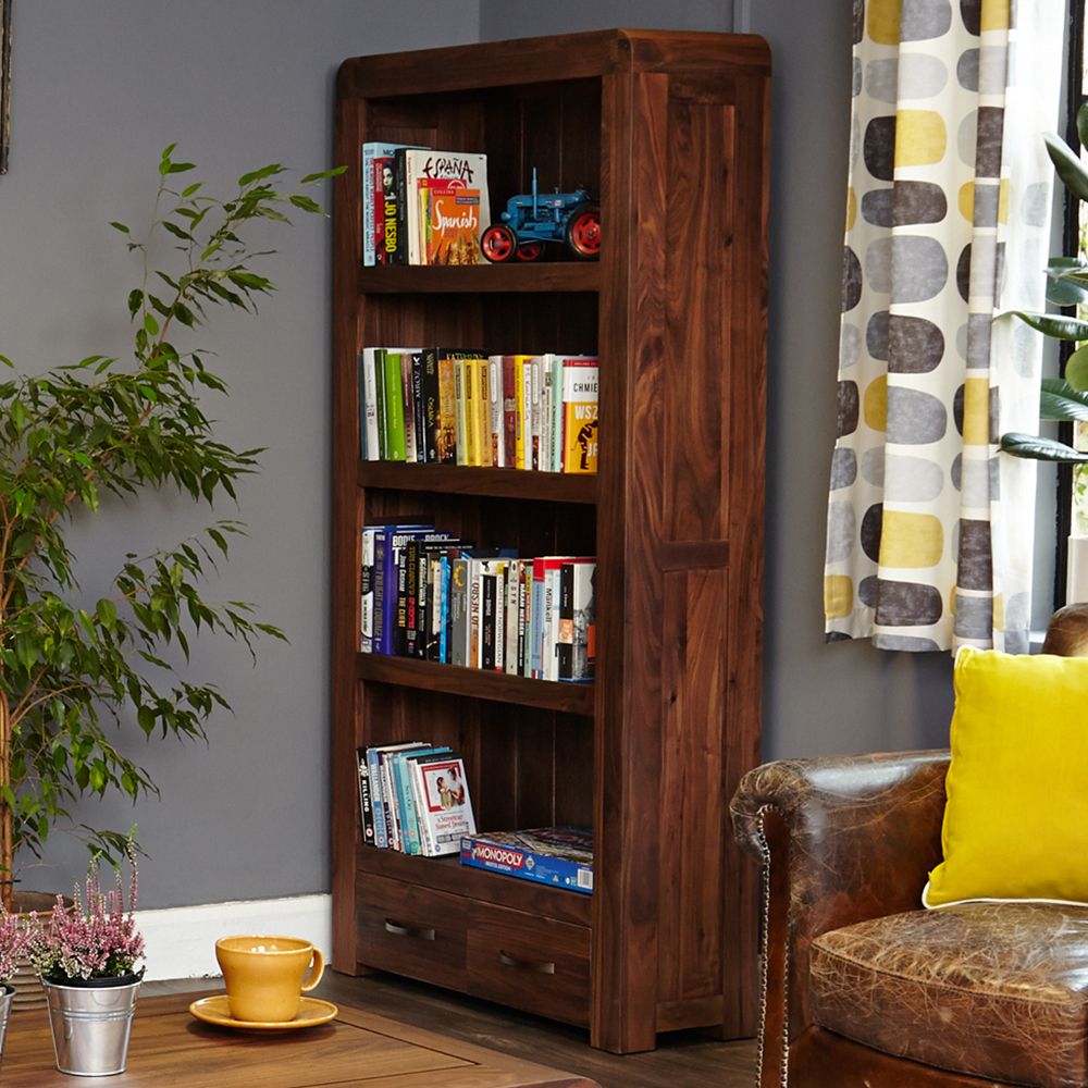 Tall 88cm 2 Drawer Bookcase – Retro Solid Walnut Collection For Two Drawer Bookcases (View 2 of 15)