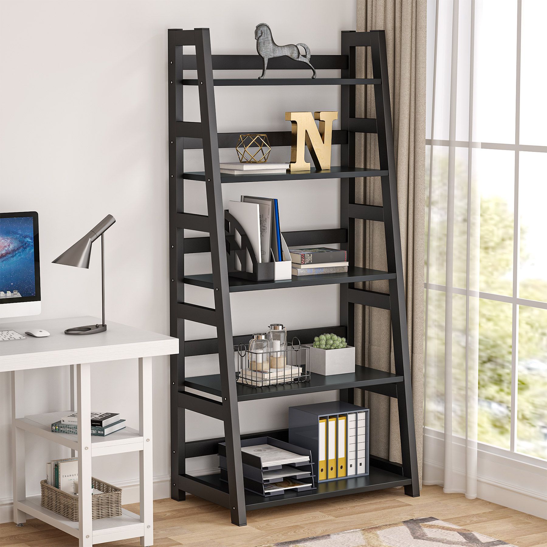 Tribesigns 5 Shelf Ladder Bookshelf Bookcase With Storage, Modern Etagere  Bookcase For Living Room , Wood & Metal – Walmart Intended For Minimalist Open Slat Bookcases (Photo 12 of 15)