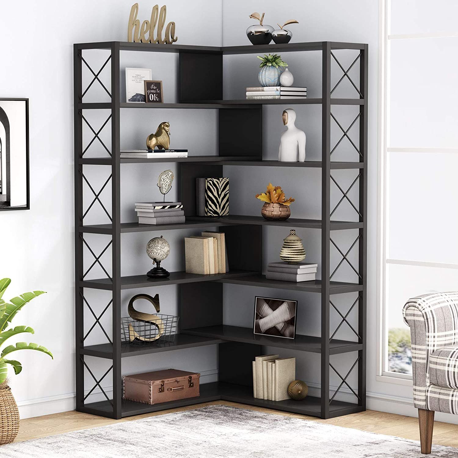 Tribesigns 6 Shelf Corner Bookcase, Vintage Industrial Corner Bookshelf  Etagere Bookcase, 6 Tier Corner Shelf Storage Rack With Metal Frame For  Living Room Home Office (black) – Walmart Within Corner Bookcases (View 9 of 15)