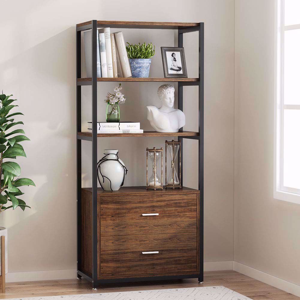 Tribesigns Bookcase With 2 Drawers, Vintage Industrial Etagere Standard  Bookshelf In Rustic, Multiple 4 Tier Storage Cabinet For Home Office  Organizer – Walmart In Bookcases With Drawer (View 5 of 15)