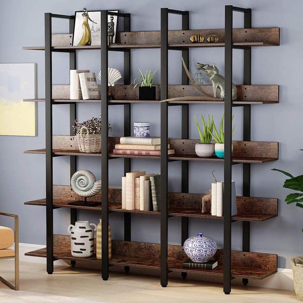 Tribesigns Rustic Triple Wide 5 Tiers Open Bookcase, Vintage Industrial  Large 5 Shelf Bookshelf Furniture, Etagere Bookcases With Back Fence For  Home Office Decor Display (retro Brown) – Walmart With Regard To Bookcases With Open Shelves (View 4 of 15)