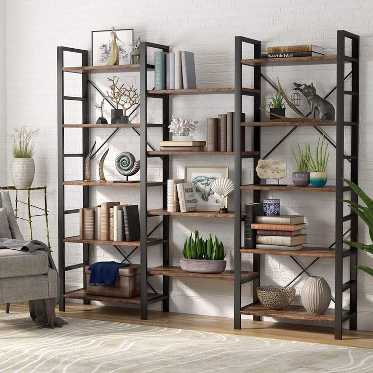 Tribesigns Triple Wide 5 Shelf Bookcase, Etagere Large Open Bookshelf  Vintage Industrial Style Shelves Wood And Metal Bookcases Furniture For  Home & Office (bla… | Open Bookshelves, Metal Bookcase, Etagere Bookcase In Brown Metal Bookcases (View 8 of 15)
