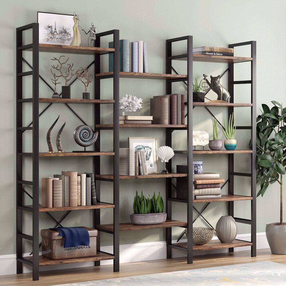 Tribesigns Triple Wide 5 Shelf Bookcase, Etagere Large Open Bookshelf  Vintage Industrial Style Shelves Wood And Metal Bookcases Furniture For  Home & Office – Walmart Intended For Bookcases With Open Shelves (View 1 of 15)