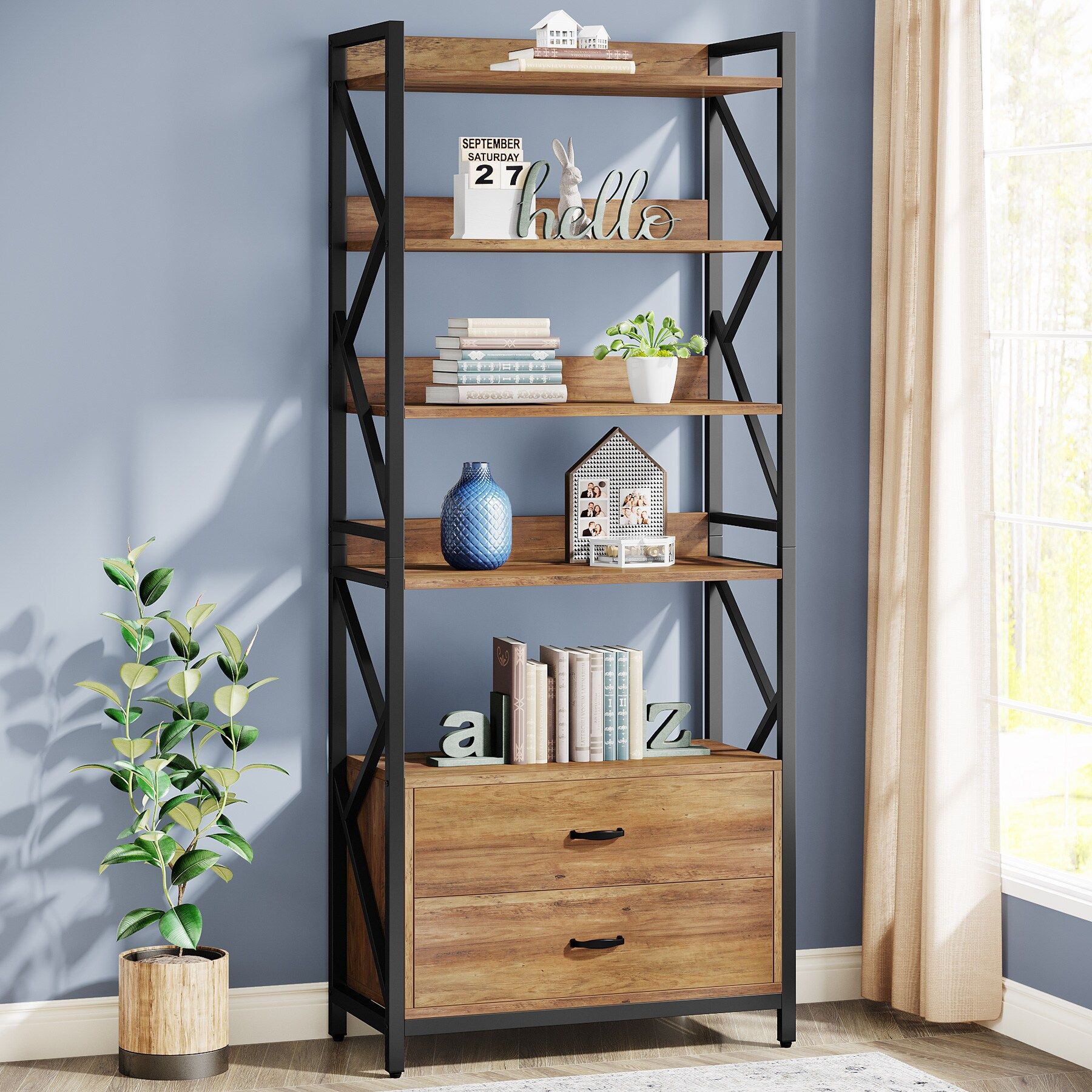 Tribesigns Walnut Metal 5 Shelf Bookcase (25.1 In W X 70.8 In H X 13.7 In  D) In The Bookcases Department At Lowes Regarding Five Shelf Bookcases With Drawer (Photo 3 of 15)