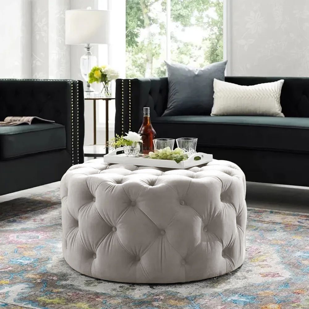 Tufted Ottoman Light Gray Velvet Ottoman Coffee Table Tufted Cocktail  Ottoman Round Homary Pertaining To Gray Ottomans (View 12 of 15)
