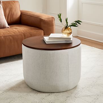 Upholstered Round Storage Ottoman Pertaining To Ottomans With Walnut Wooden Base (View 8 of 15)
