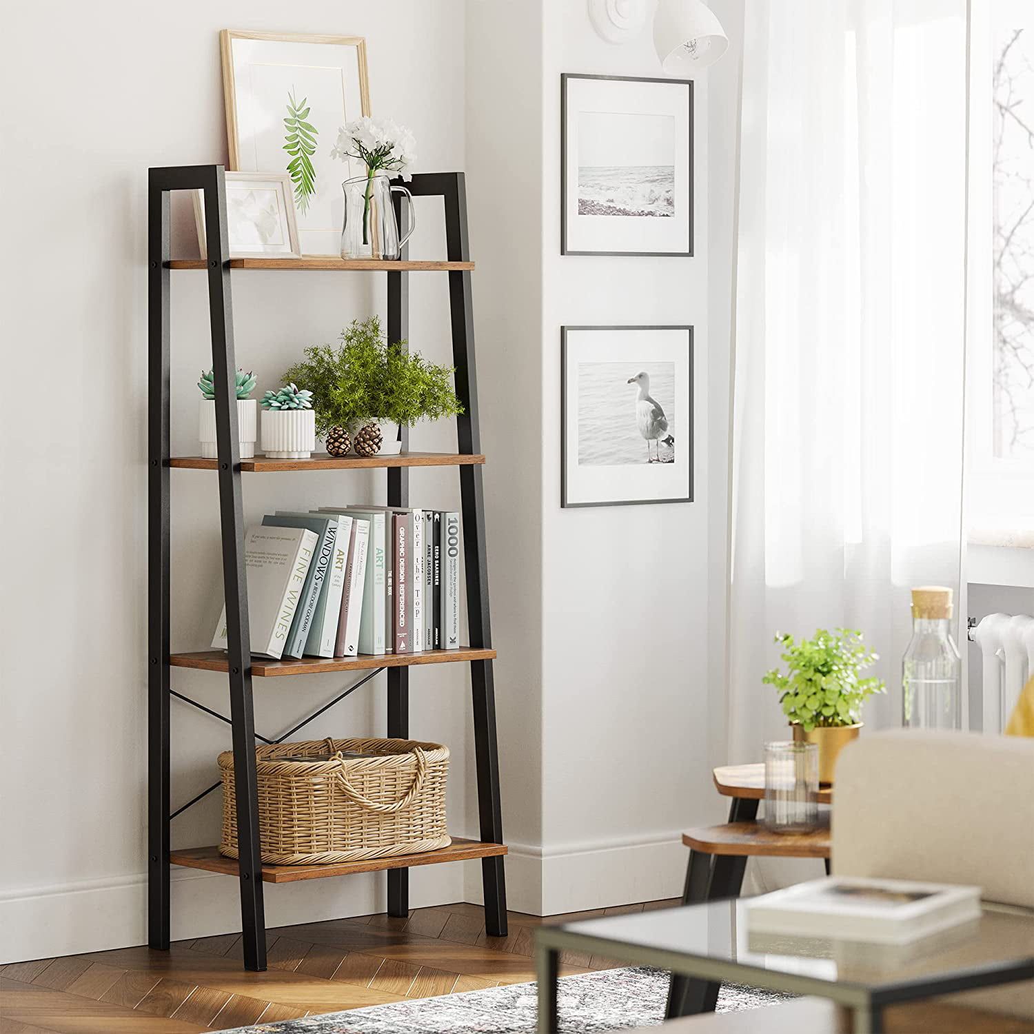 Vasagle Ladder Shelf, 4 Tier Bookshelf, Storage Rack, Bookcase With Steel  Frame, Industrial Style, Rustic Brown And Black – Walmart For Four Tier Bookcases (Photo 7 of 15)