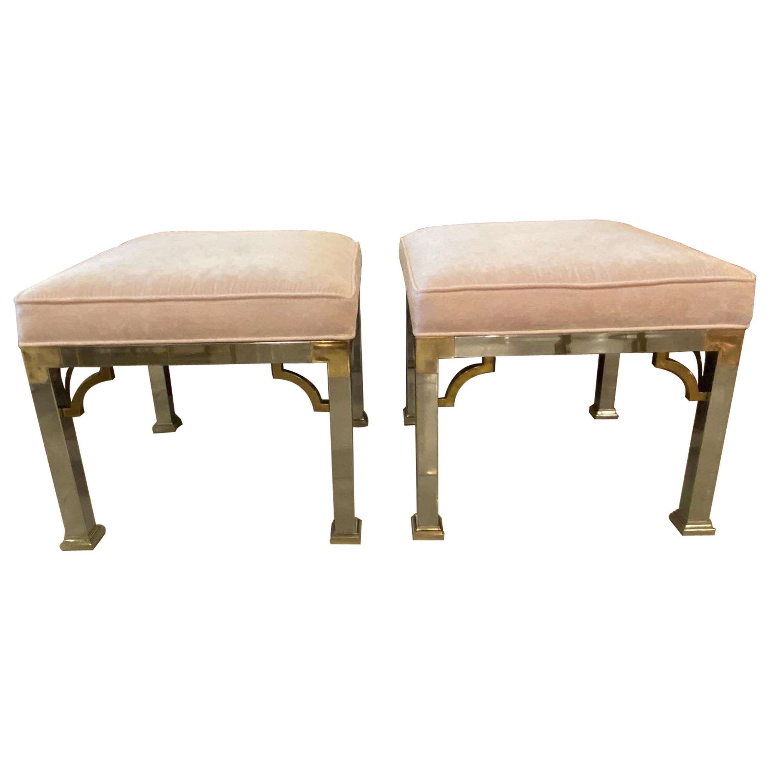 Vintage Pair Of Chrome And Brass Upholstered Pink Velvet Benches Stools  Ottomans For Sale At 1stdibs Regarding Antique Brass Ottomans (View 14 of 15)