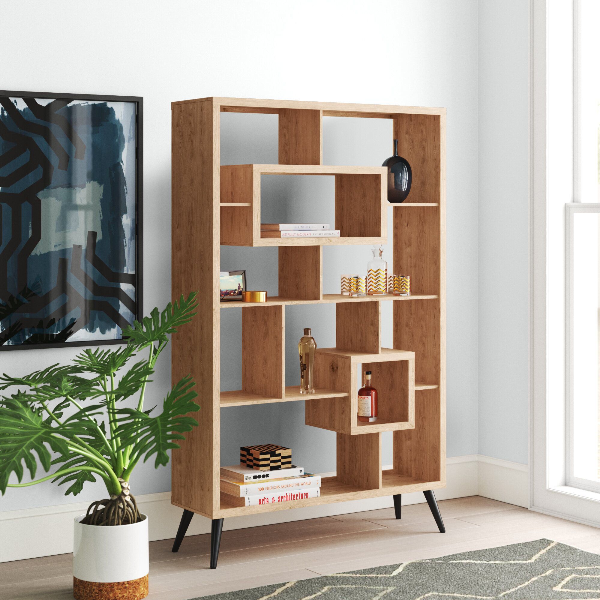 Wade Logan® Kayleen 75'' H X 47'' W Solid Wood Geometric Bookcase | Wayfair Regarding Geometric Bookcases (View 5 of 15)