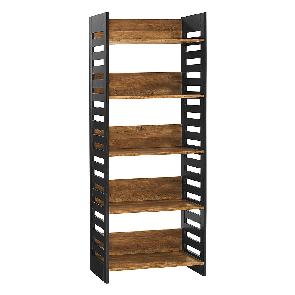 Walker Edison 64” Modern Slat Side 5 Shelf Bookcase Rustic Oak/solid Black  Bbs64hwslrosb – Best Buy Inside Minimalist Open Slat Bookcases (Photo 8 of 15)
