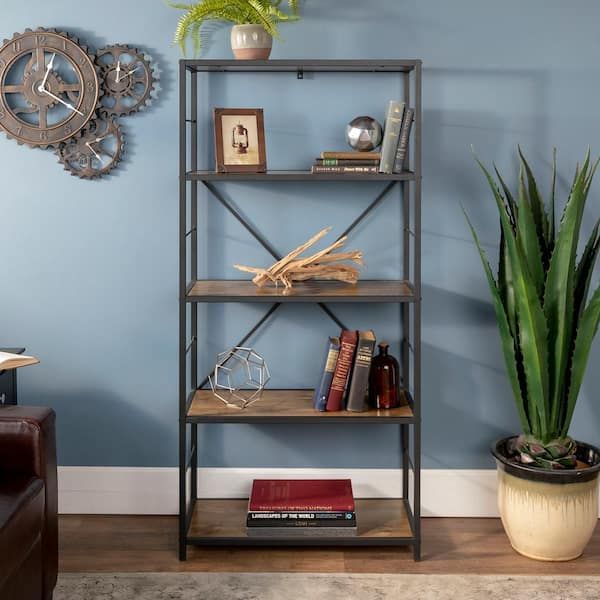 Walker Edison Furniture Company 63 In. Barnwood/black Metal 4 Shelf Etagere  Bookcase With Open Back Hds60rmwbw – The Home Depot Intended For Barnwood Bookcases (Photo 13 of 15)