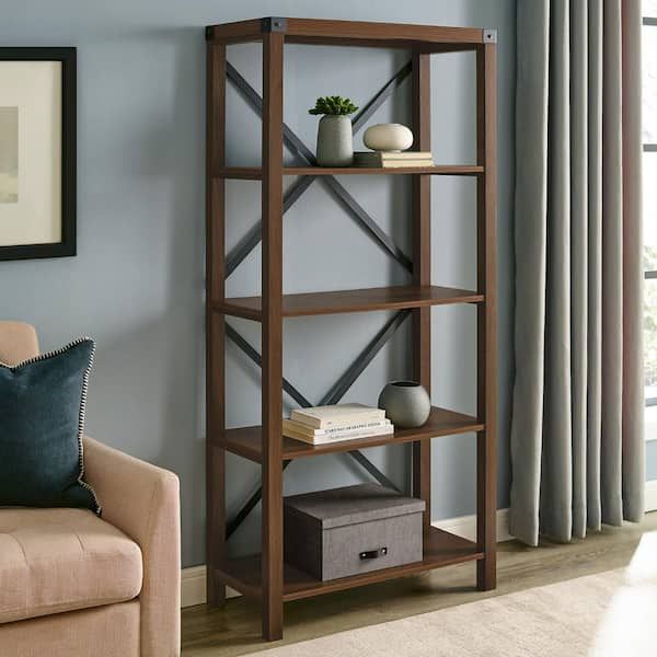 Walker Edison Furniture Company 64 In. Dark Walnut Wood 4 Shelf Etagere  Bookcase With Open Back Hd8295 – The Home Depot Intended For Dark Walnut Bookcases (Photo 6 of 15)