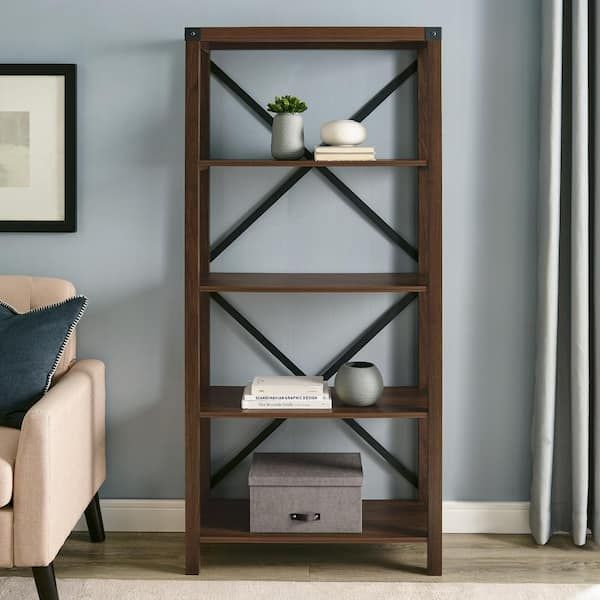 Walker Edison Furniture Company 64 In. Dark Walnut Wood 4 Shelf Etagere  Bookcase With Open Back Hd8295 – The Home Depot Throughout Dark Walnut Bookcases (Photo 1 of 15)