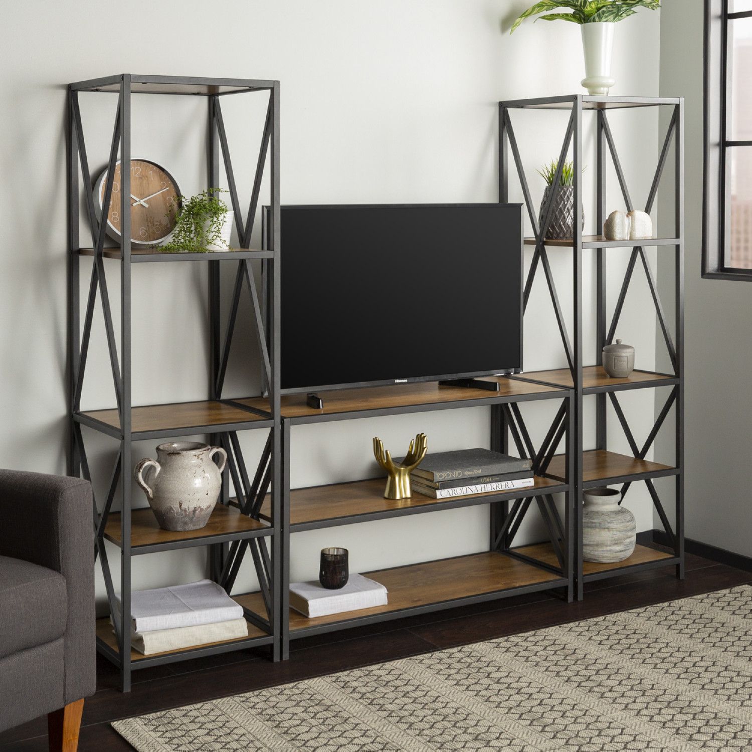 Walker Edison Gbs40xm2bw 3 Piece Rustic Industrial Bookcase Set In Barnwood  Finish For Barnwood Bookcases (View 14 of 15)