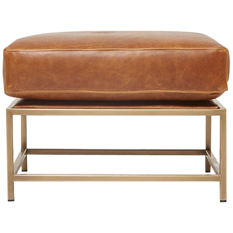Waxed Potomac Tan Leather And Antique Brass Ottoman For Sale At 1stdibs Throughout Antique Brass Ottomans (View 1 of 15)