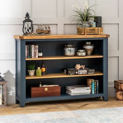 Westbury Blue Painted Wide Low Bookcase – Long Bookshelf 3 Shelf Oak Top –  Bp32 | Ebay With Regard To Blue Wood Bookcases (Photo 8 of 15)