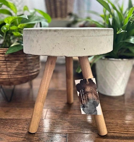 10 Inch Handmade Concrete & Wood Plant Stand – Etsy Throughout 10 Inch Plant Stands (Photo 3 of 15)