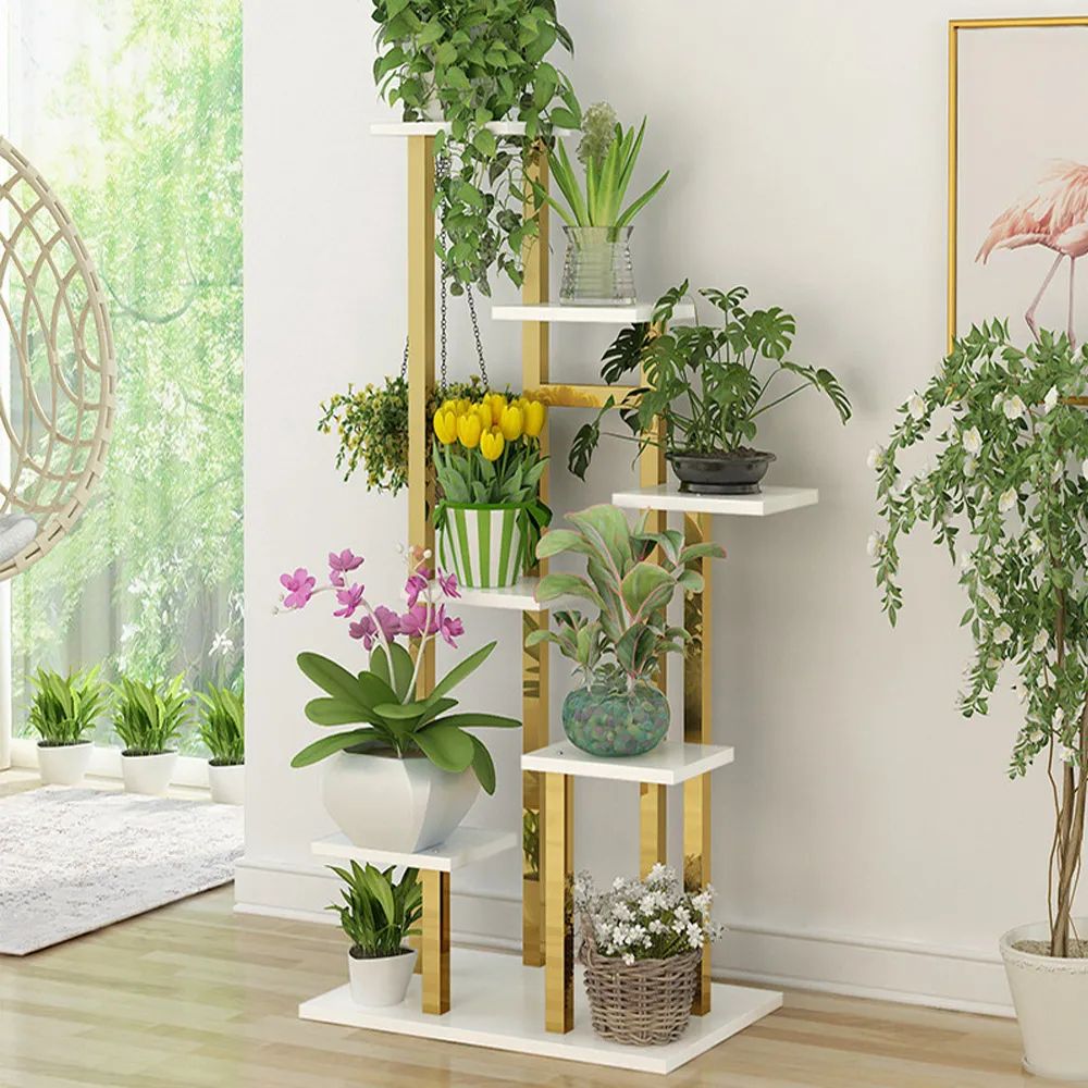 1200mm Modern Ladder 7 Tiered Plant Stand In Gold & White Homary With Modern Plant Stands (View 6 of 15)