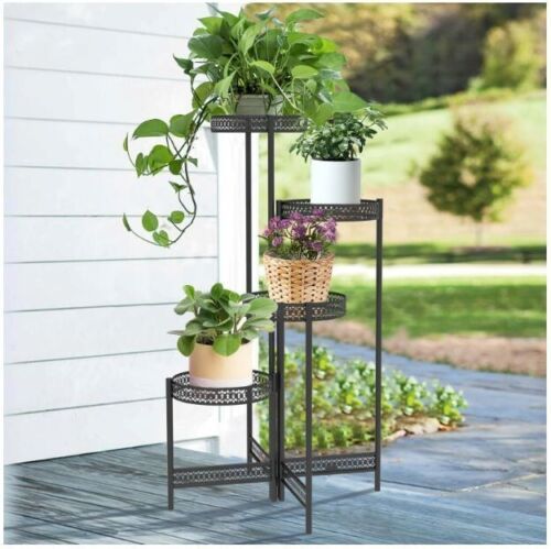 3/4 Tier Metal Plant Stand Indoor Black Tall Flower Pot Holder Display Rack  | Ebay In Four Tier Metal Plant Stands (View 5 of 15)