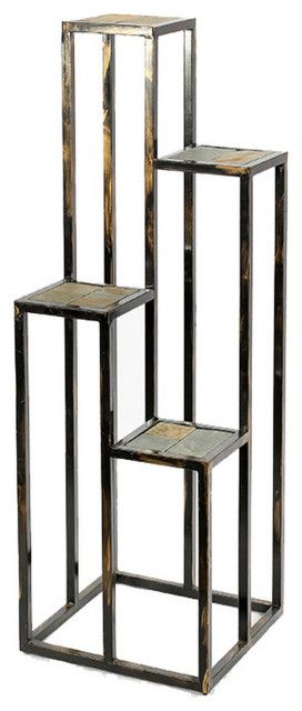 4 Tier Cast Iron Frame Plant Stand With Stone Topping, Black And Gold –  Industrial – Plant Stands And Telephone Tables  Uber Bazaar | Houzz In Industrial Plant Stands (View 9 of 15)