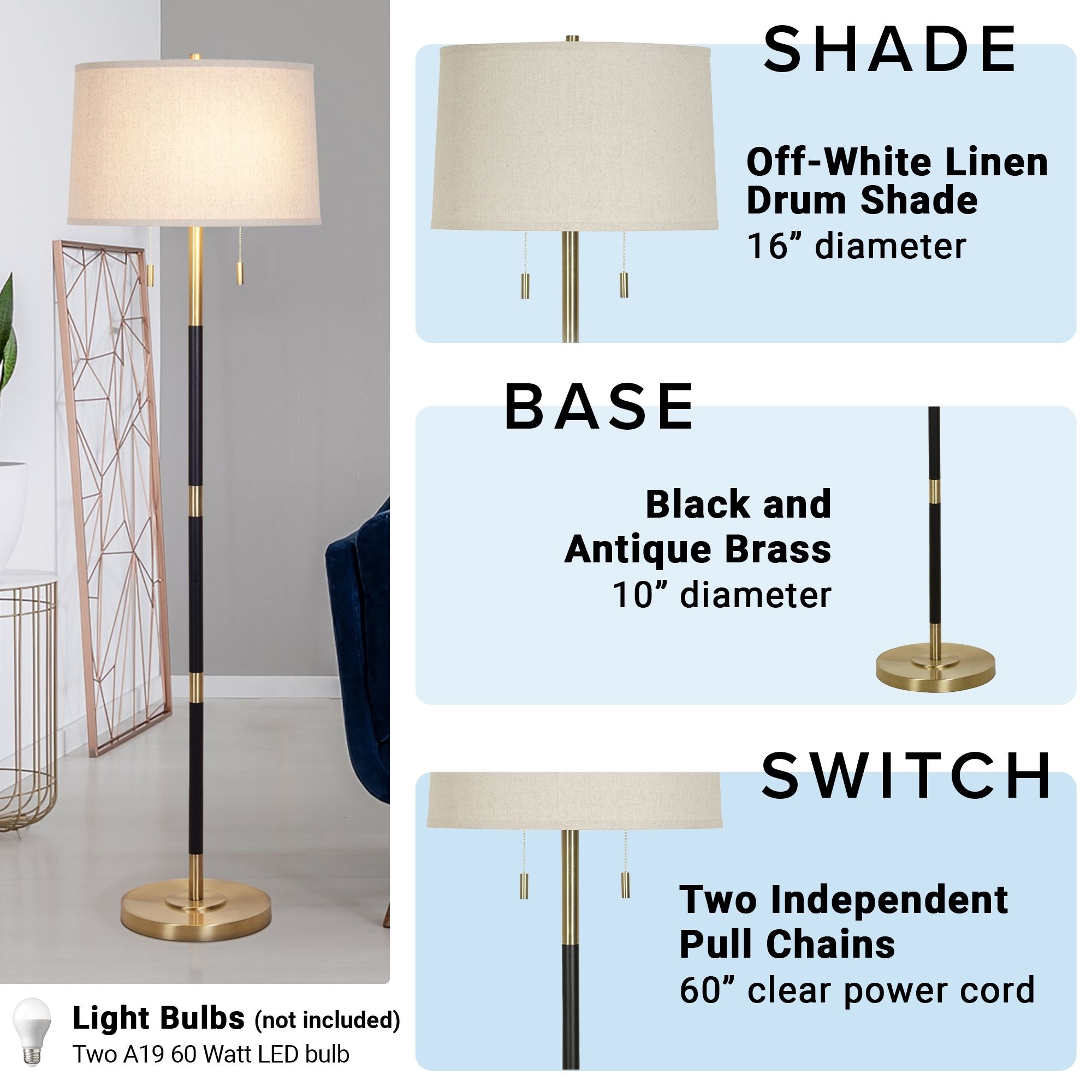 56.5" 2 Light Dual Pull Chain Floor Lamp – 16x16x (View 12 of 15)