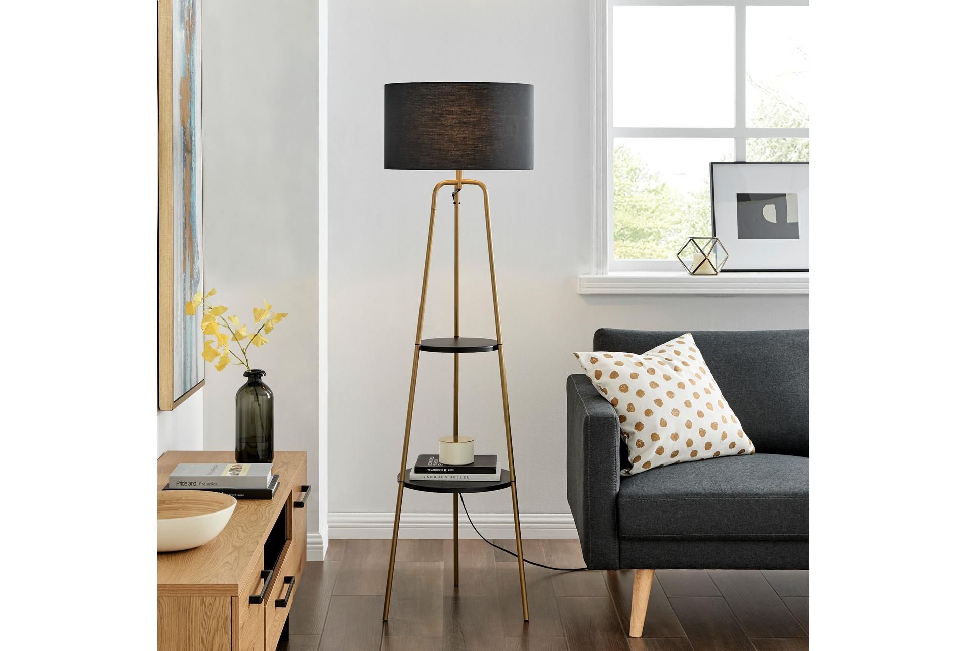 62 Inch Gold Metal + Black Shade Tripod Plant Stand Floor Lamp With 2 Tier  Table | Floor Lamp, Living Table, Shades Of Black Intended For Floor Lamps With 2 Tier Table (View 2 of 15)
