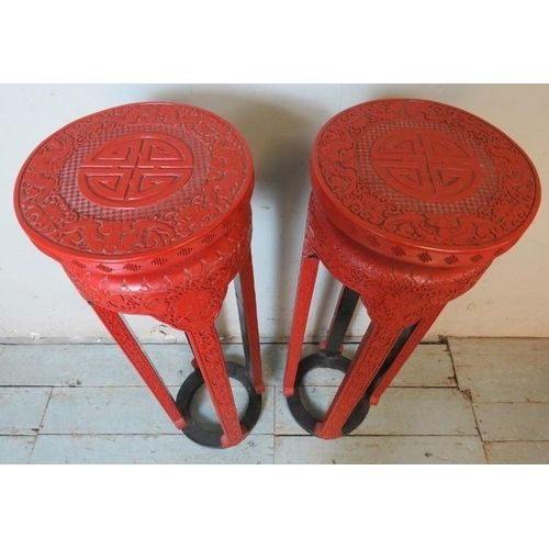 A Pair Of Early 20th Century Chinese Red Lacquer Plant Stands, Ornately  Carved With Geometric Patter Throughout Red Plant Stands (View 12 of 15)