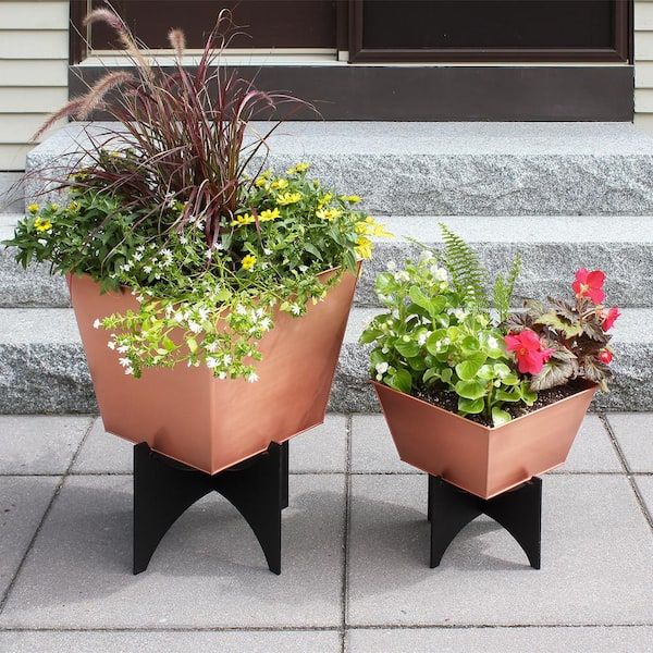 Achla Designs 12.5 In. X 12.5 In. Square Copper Plated Galvanized Steel Flower  Box With Black Wrought Iron Plant Stand Fbc 54 11c – The Home Depot Pertaining To Plant Stands With Flower Box (Photo 4 of 15)